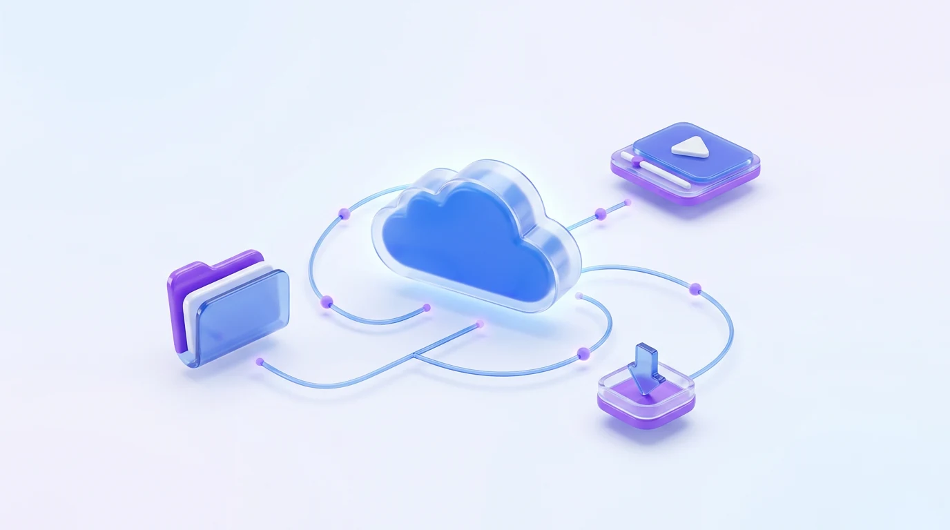 A blue cloud connected to neatly arranged storage and file objects