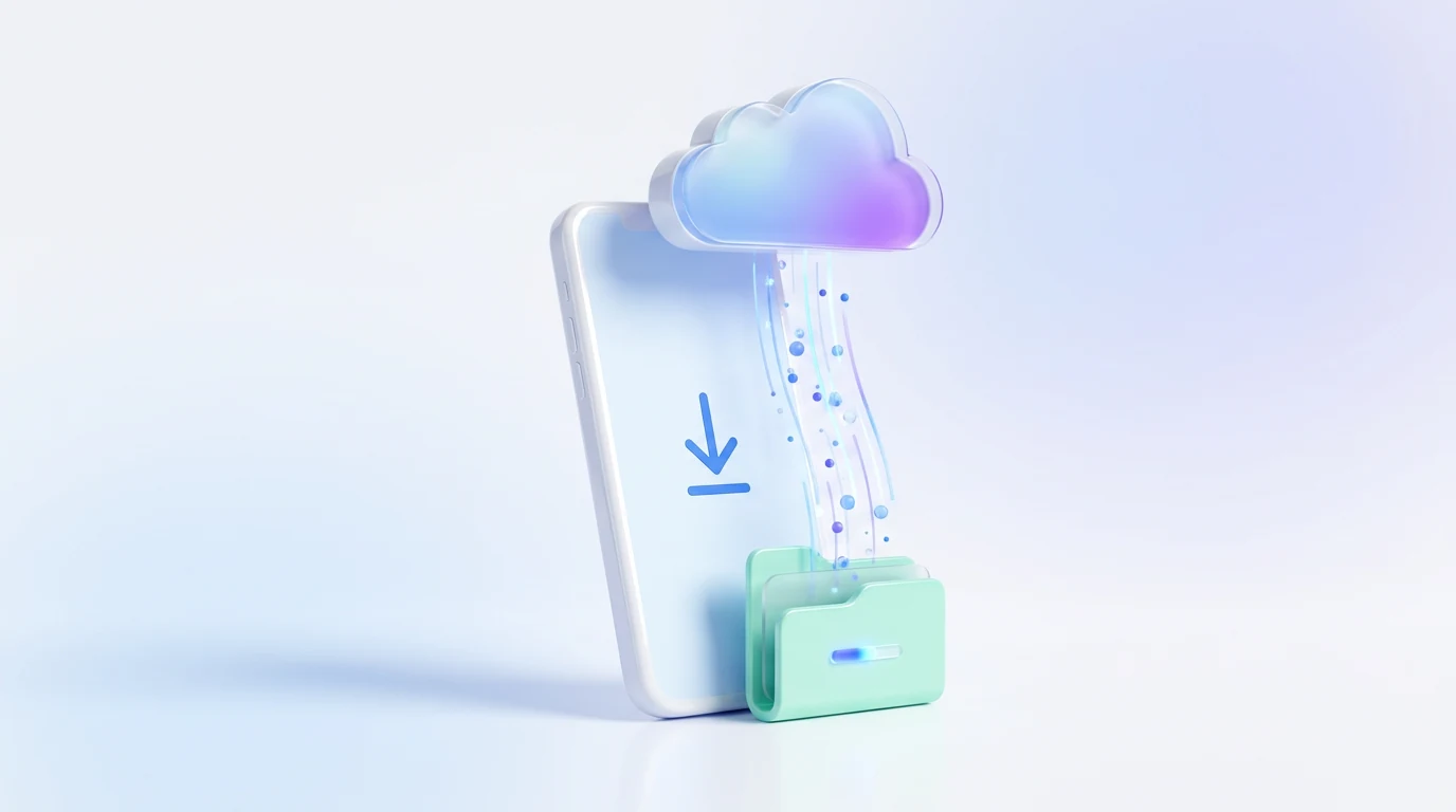 White smartphone beneath a cloud, with a blue download arrow and a mint file folder