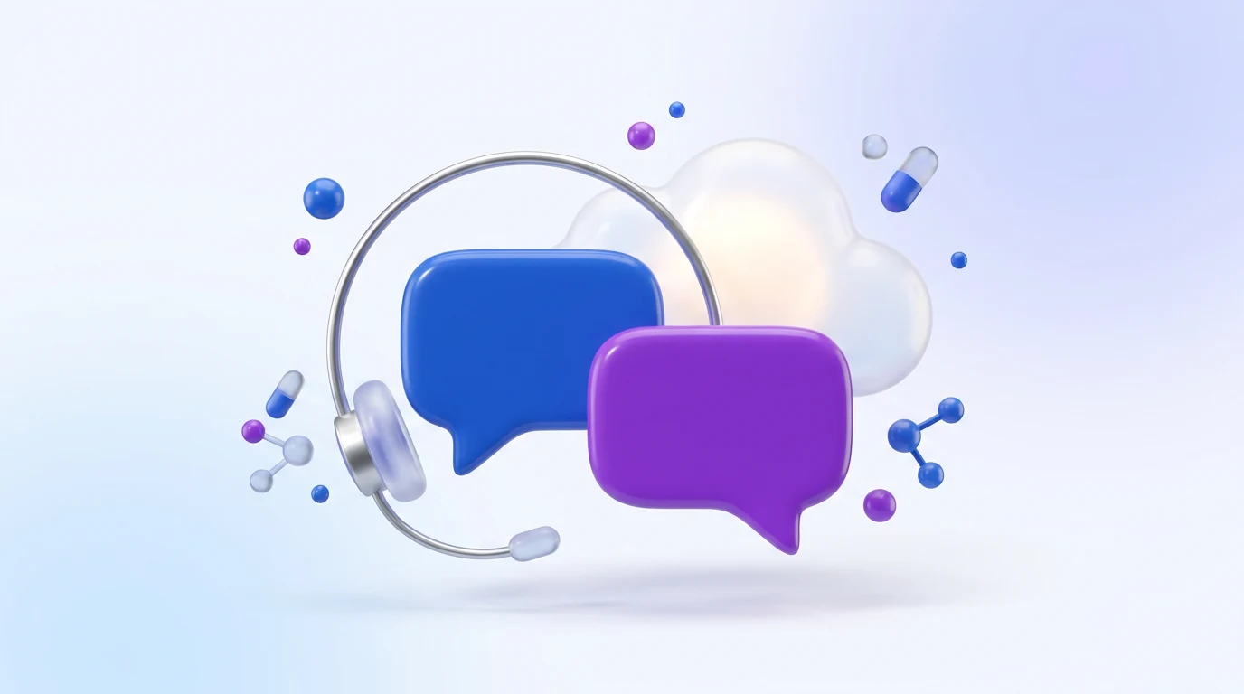 Blue and purple speech bubbles with a silver support headset and white cloud
