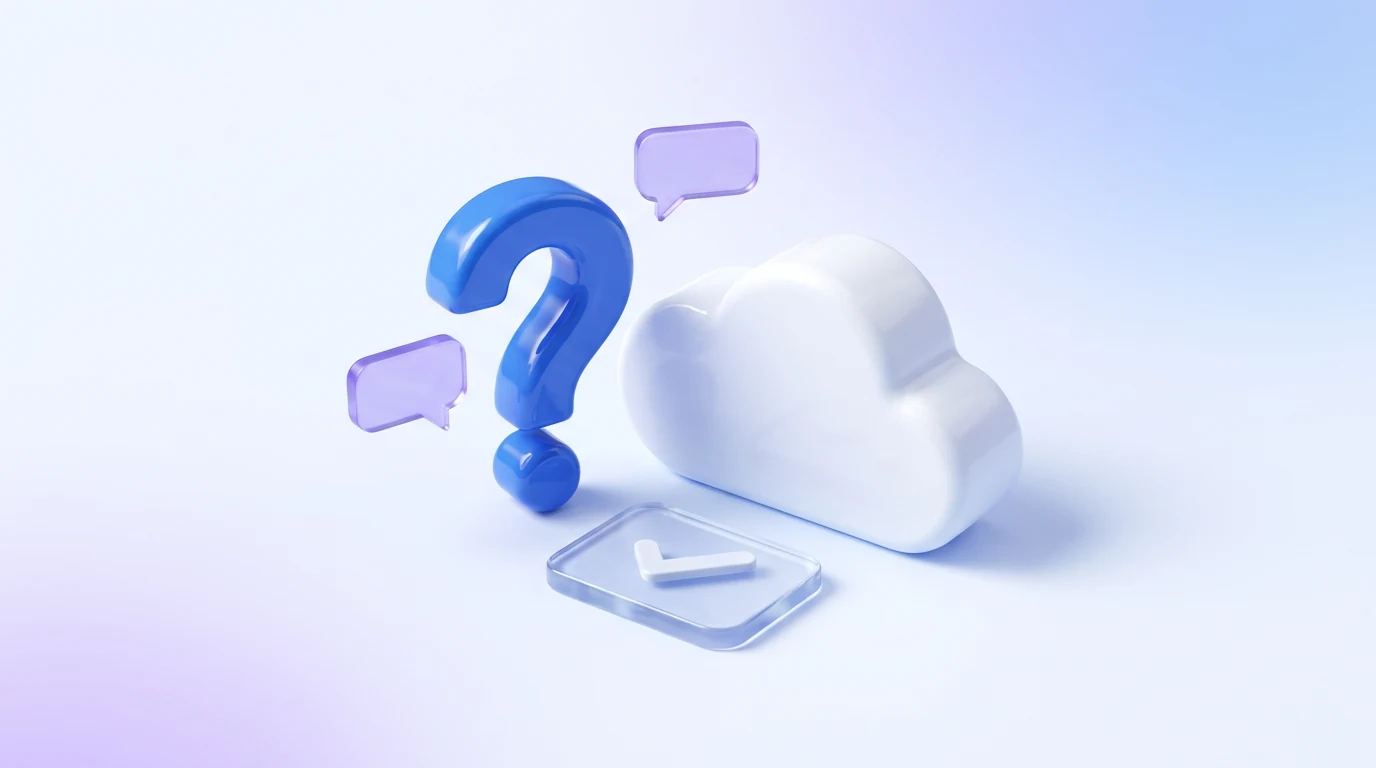 Blue question mark and conversation bubbles beside a white cloud