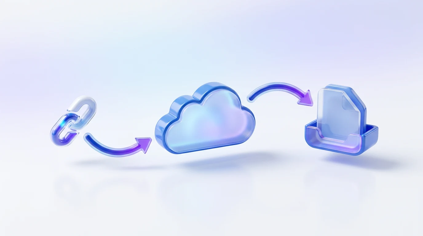 Share-link icon connected to a cloud and a file tray by purple arrows