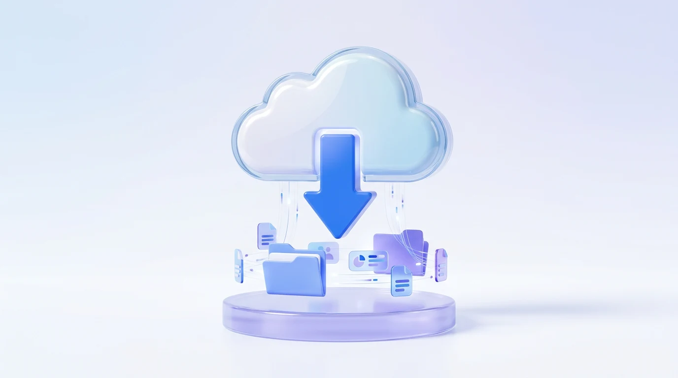 Blue and purple cloud with a download arrow and neatly arranged file folders