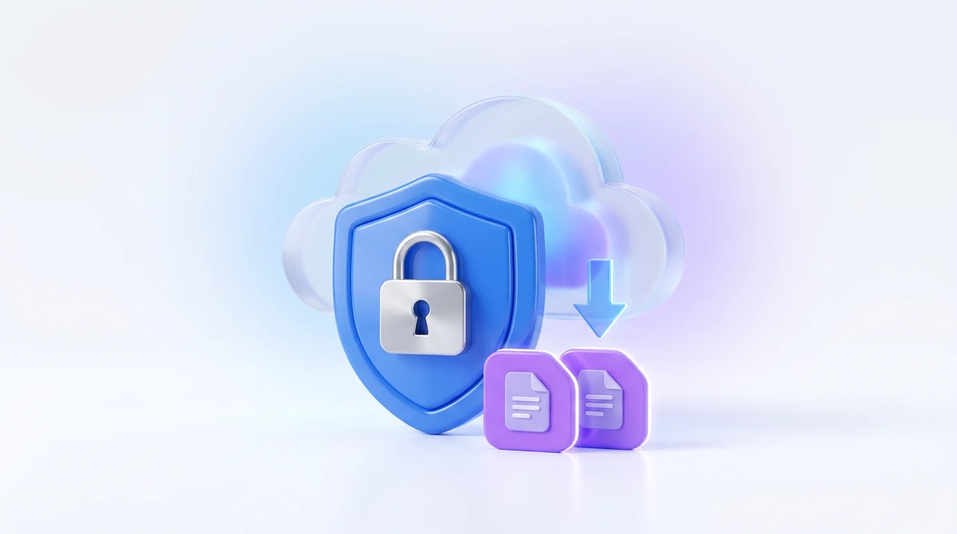 Blue shield and padlock protecting a cloud and small document tiles